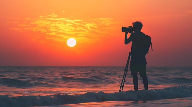 Silhouette of a photographer capturing a sunset over the ocean