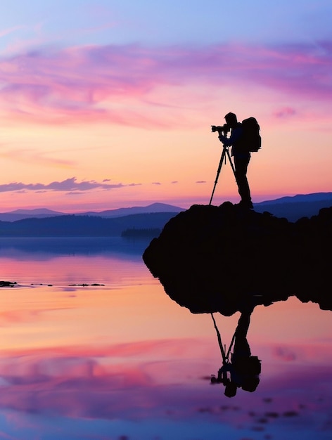 Photo silhouette of photographer capturing sunset reflections on tranquil lake