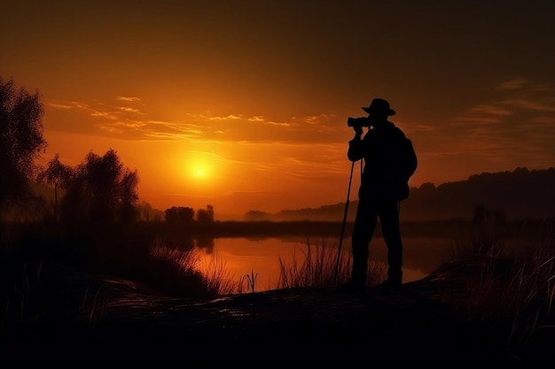 Silhouette of a photographer taking a picture at sunset Beautiful nature Sunset Generative AI