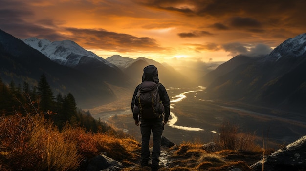 Silhouette of a photographer taking a picture with a mountain in the background