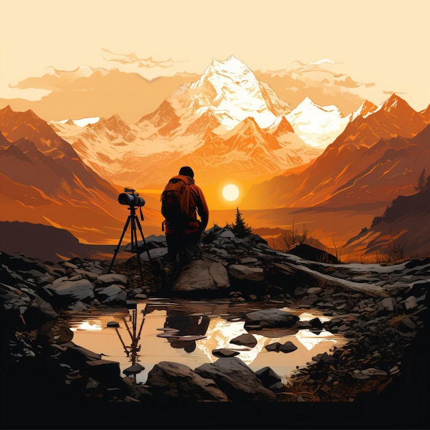 Silhouette of a photographer taking a picture with a mountain in the background