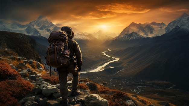 Silhouette of a photographer taking a picture with a mountain in the background