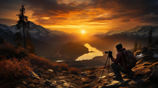 Silhouette of a photographer taking a picture with a mountain in the background