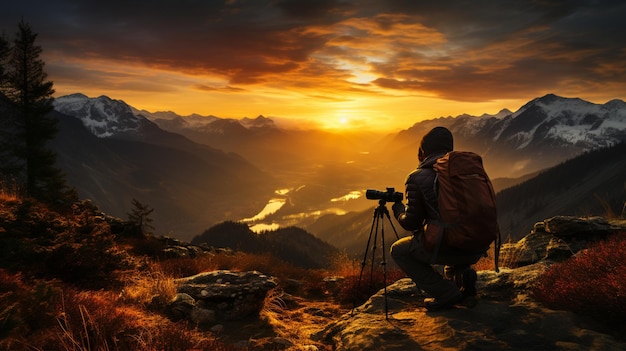 Silhouette of a photographer taking a picture with a mountain in the background