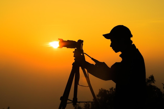 Silhouette of a photographer with tripod Young Indian man taking photo with his camera