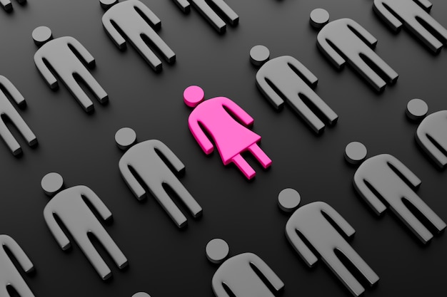 Silhouette of a pink woman surrounded by men on dark background.