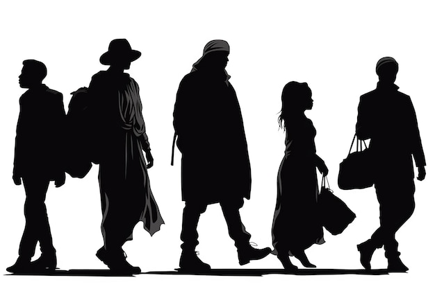 Photo silhouette of poor immigrant and refugee peoples isolated on background