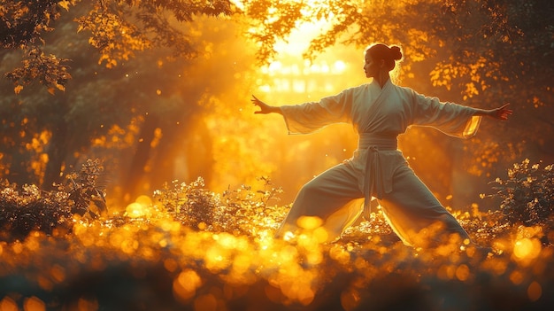 Photo a silhouette practicing martial arts in a sunlit forest