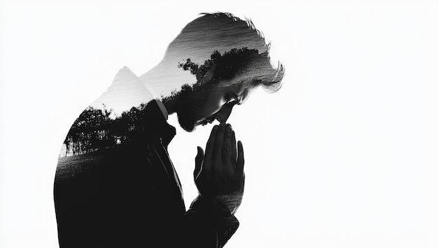 Photo silhouette in prayer double exposure faithful reflection of spirituality