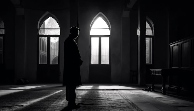 Silhouette of a praying priest in monochrome generated by AI