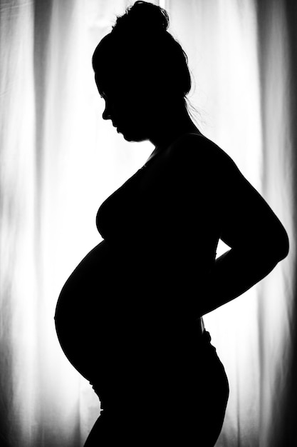 Photo silhouette pregnant woman standing against curtain at home