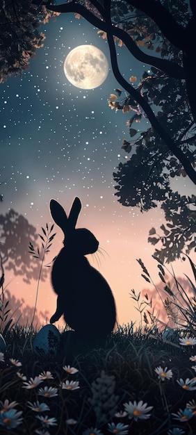 A silhouette of a rabbit with Easter eggs in a moonlit garden creating a magical tranquil Easter night scene