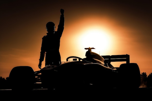 Silhouette of race car driver celebrating the win generative AI