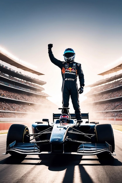 Silhouette of race car driver celebrating the win in a race against bright stadium l Generative AI