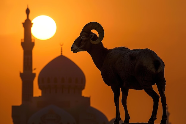 Silhouette of a ram against a sunset with a mosque in the background