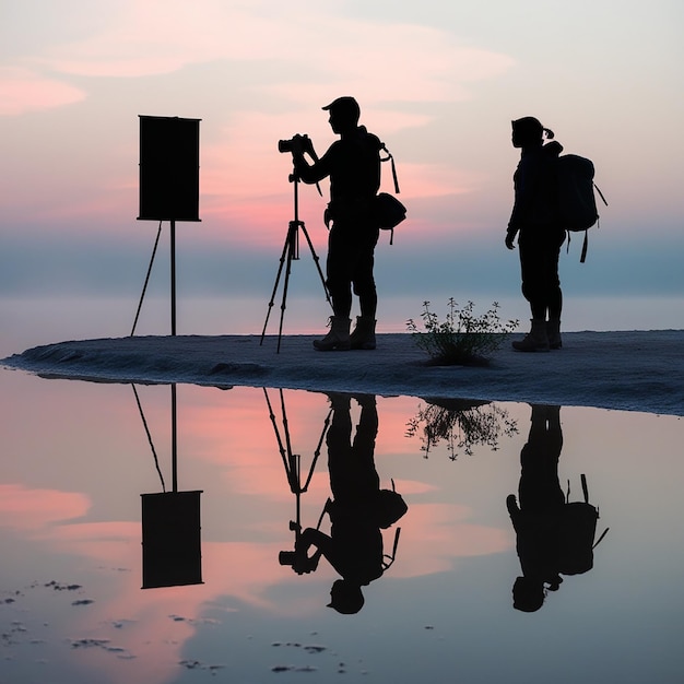 Photo silhouette and reflection of photographer in bahariya salt lake