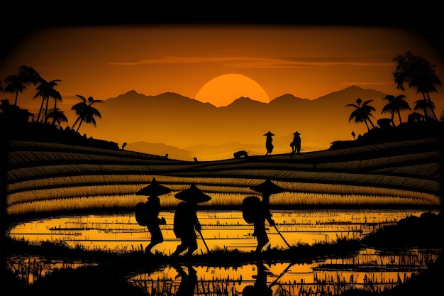 A silhouette of a rice field with mountains in the background.