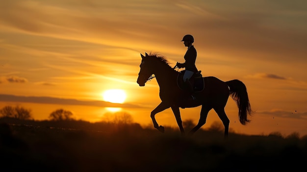 Silhouette of a rider on horseback galloping through a field at sunset