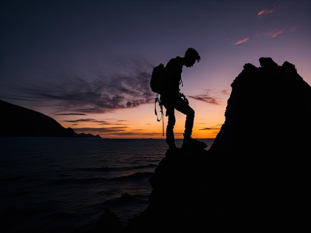 Silhouette of a rock climber person on a road ai generative