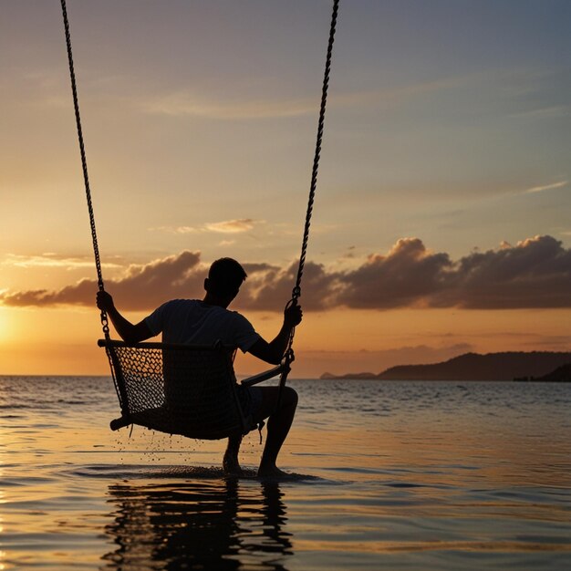 Silhouette of a romantic couple sitting together on a rope swing on a beach at sunset