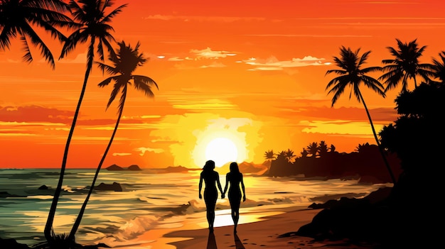 Silhouette of romantic couple on sunset beach tropic