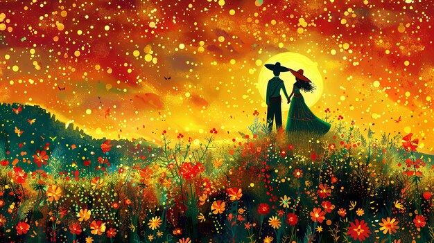 Silhouette of romantic mexican couple in the meadow with flowers