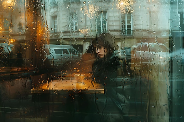 silhouette sad woman looking through a rain streaked window Captivating Rainy Solitude