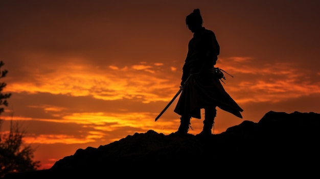 Photo silhouette of a samurai posing during sunset