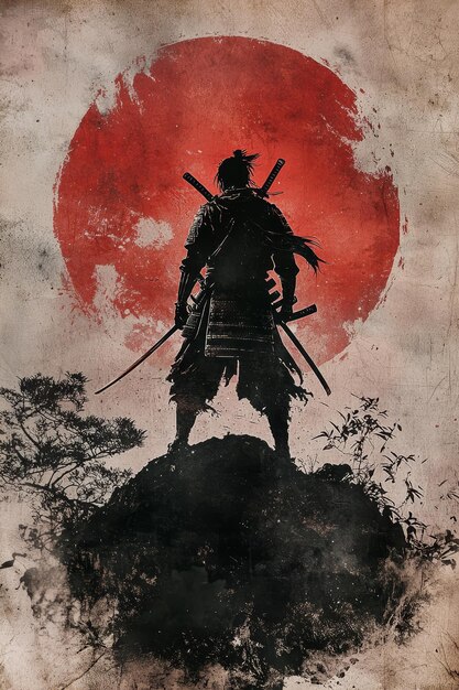 Silhouette of a Samurai Warrior against a Red Moon