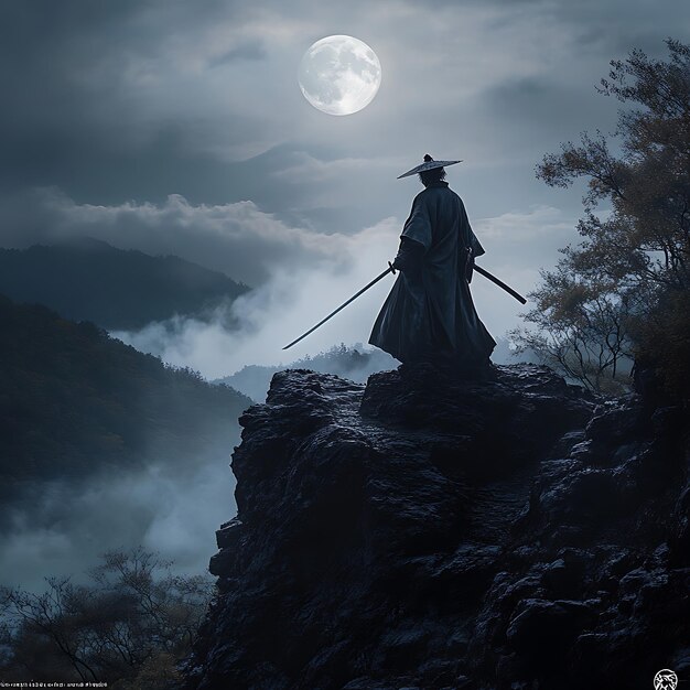 Silhouette of a Samurai Warrior on a Mountain Cliff Under a Full Moon