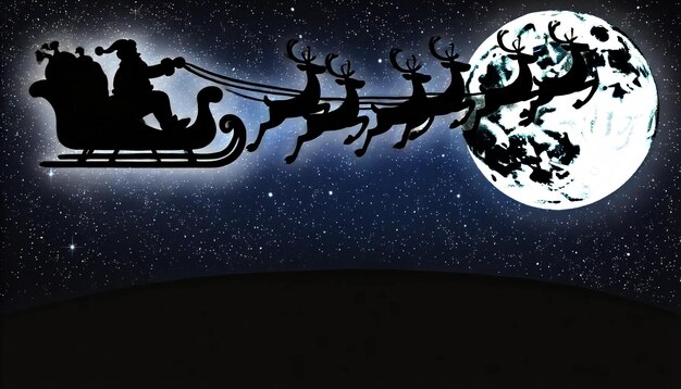 Photo a silhouette of santa claus in a reindeer harness flies through the sky against the backdrop