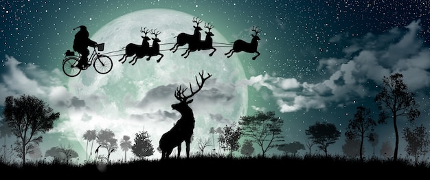 Silhouette of Santa Claus riding on bicycle to carry a gift with reindeer at night Christmas