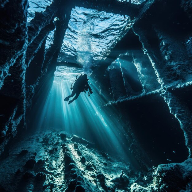 Photo silhouette of a scuba diver exploring sunbeams in a shipwreck