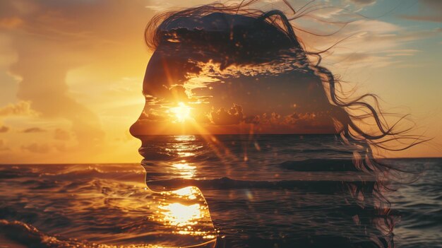 Silhouette of Serenity A creative double exposure photograph blending the silhouette of a person with the serene sunset over the ocean evoking a feeling of tranquility and oneness with nature