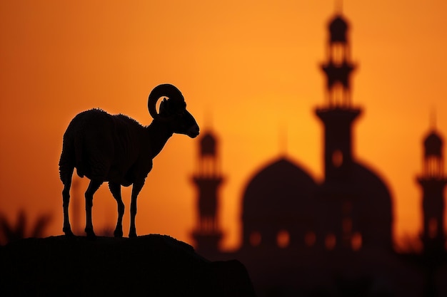 Silhouette of a sheep with mosques in the backdrop during sunset