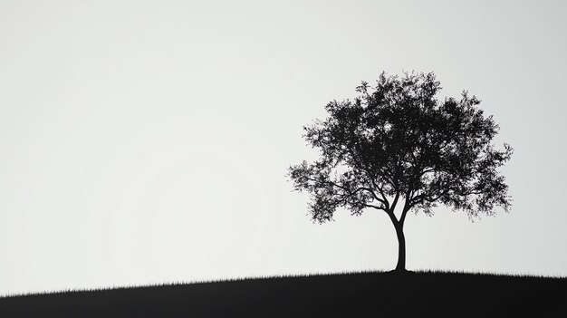 Photo silhouette of a single tree standing on a hill against a white background