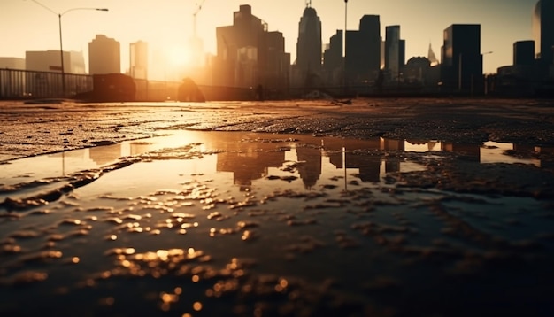 Silhouette skyscrapers against yellow sunset drop water generated by AI