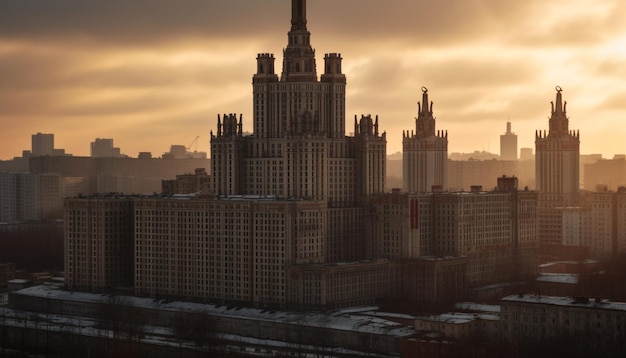 Silhouette skyscrapers illuminate city skyline at sunset generated by AI