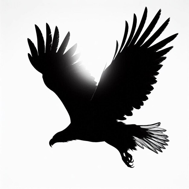 Photo a silhouette of a soaring eagle with wings fully spread gliding effortlessly across a clear white ba