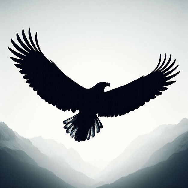 Photo a silhouette of a soaring eagle with wings fully spread gliding effortlessly across a clear white ba