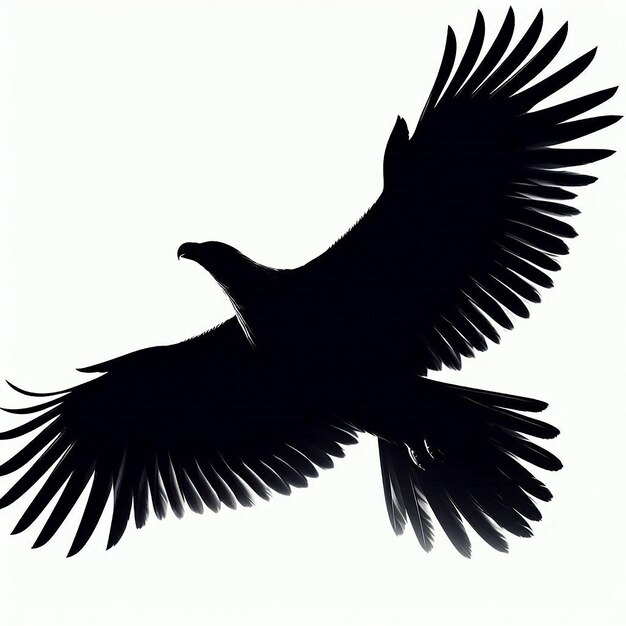 Photo a silhouette of a soaring eagle with wings fully spread gliding effortlessly across a clear white ba