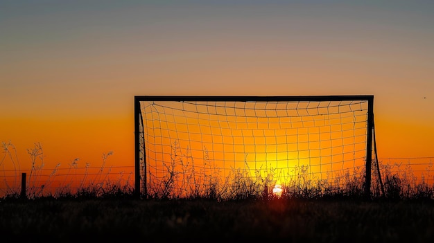 Photo silhouette of a soccer goal against a vibrant sunset