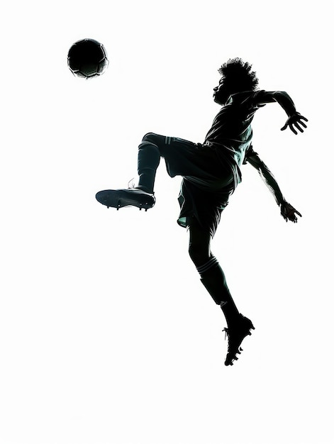 Silhouette of a soccer player in action kicking ball