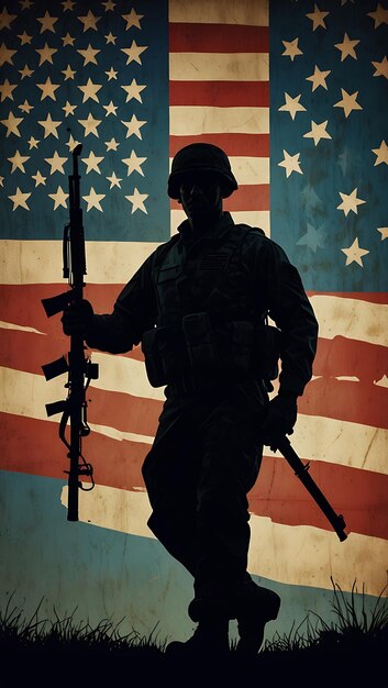 A silhouette of a soldier carrying a rifle marching in front of a large American flag