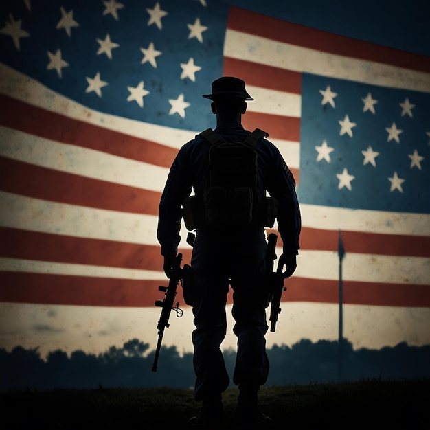 A silhouette of a soldier carrying a rifle marching in front of a large American flag