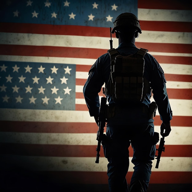 A silhouette of a soldier carrying a rifle marching in front of a large American flag