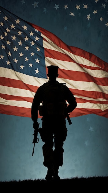 A silhouette of a soldier carrying a rifle marching in front of a large American flag