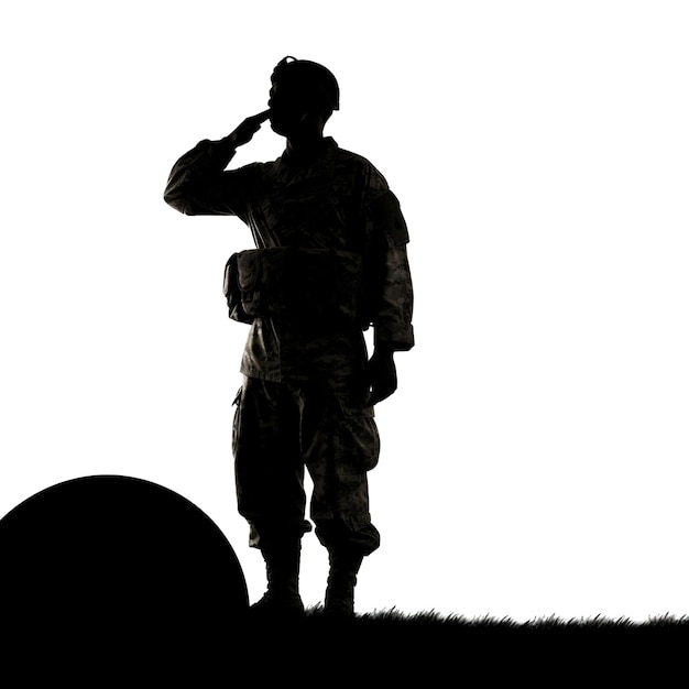 A silhouette of a soldier drinking from a can of water.