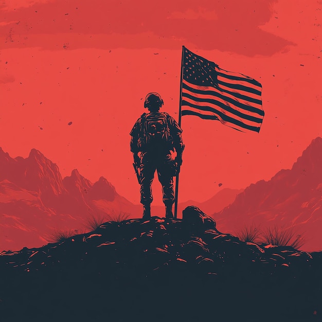 Photo a silhouette of a soldier holding the american flag on a mountaintop against a red sky