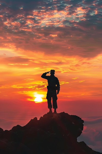 Silhouette of soldier saluting against sunset on hill highresolution render